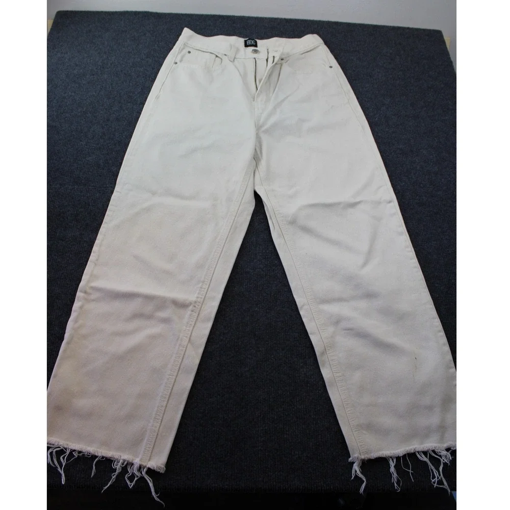 BDG Urban Outfitters Cream Wide Leg 8-Ball Graphic Raw Hem Jeans Mens 29